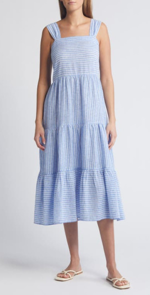 beachlunchlounge - Lina Stripe Linen & Cotton Tiered Midi Sundress in  Provence Blue