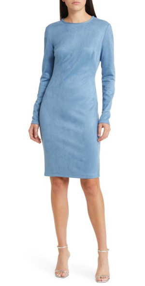 Black Halo Anita Long Sleeve Faux Suede Dress in Midnight Navy