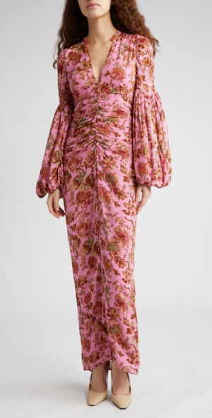 byTiMo - Golden Floral Long Sleeve Georgette Maxi Dress in Pink Wallpaper  at Nordstrom