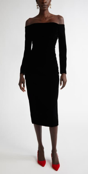 Carolina Herrera - Off the Shoulder Long Sleeve Ruched Velvet Midi Dress in Black at Nordstrom, Size 2 Carolina Herrera - Off the Shoulder Long Sleeve Ruched Velvet Midi Dress in Black at Nordstrom, Size 2