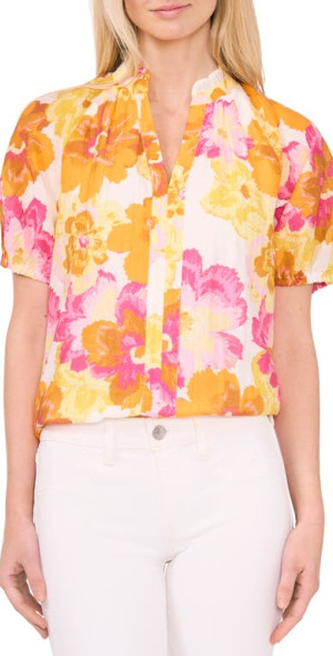 CeCe Puff Sleeve Floral Print Top in Radiant Yellow