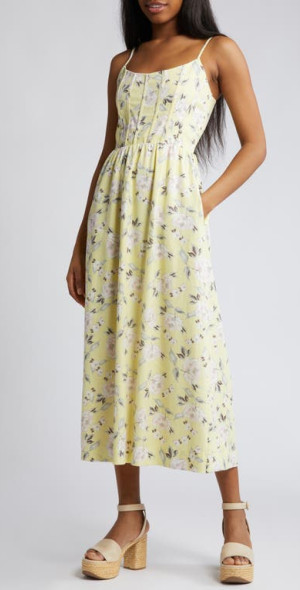 Charles Henry Floral Linen Blend Sundress in Yellow Floral at
