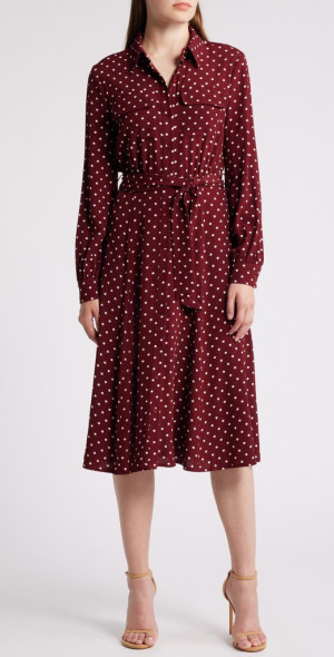 charles henry red dress Charles Henry Gathered Long Sleeve A-Line Dress