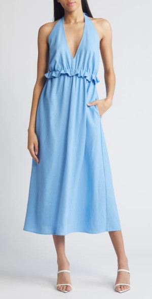 Charles Henry - Ruffle Halter Linen Blend Midi Dress in Denim Blue at  Nordstrom
