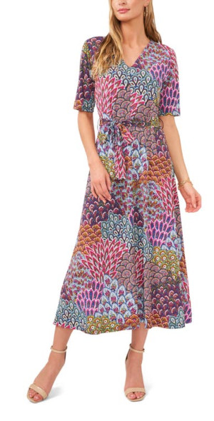 chaus faux wrap midi dress CHAUS Women's Short Sleeve V-Neck Printed Faux Midi Wrap Dress