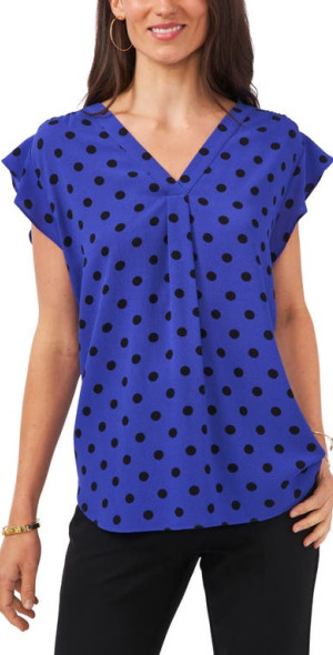 Chaus Flutter Sleeve V-Neck Blouse in Blue Allure Large Dot at