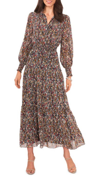 Chaus Smocked Long Sleeve Maxi Dress in Navy Blue/Red at Nordstrom