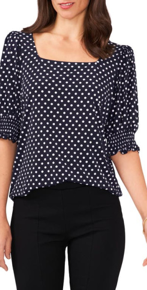 Chaus Square Neck Smocked Sleeve Blouse in Navy/White at Nordstrom