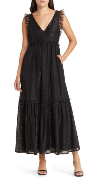 Chelsea28 Metallic Mesh Ruffle Gown in Black at Nordstrom