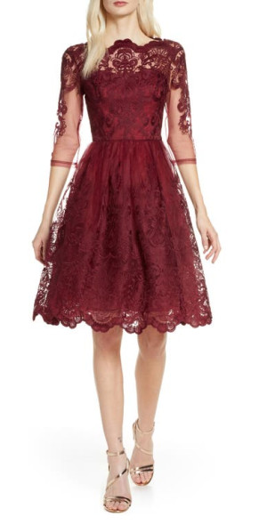 knee length dresses for ladies Chi Chi Bardot Premium Lace Dip Hem Dress in Red, Size 8