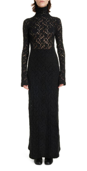 Chloé Long Sleeve Turtleneck Smocked Lace Maxi Dress in 001
