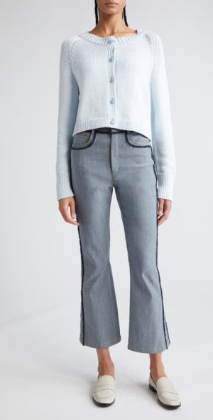 Cinq à Sept Sallie Fringe Trim Flare Crop Jeans in Light Indigo