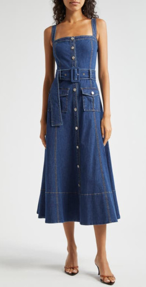 Cinq  Sept - Vega Belted Sleeveless Denim Fit & Flare Midi Dress in Medium  Wash