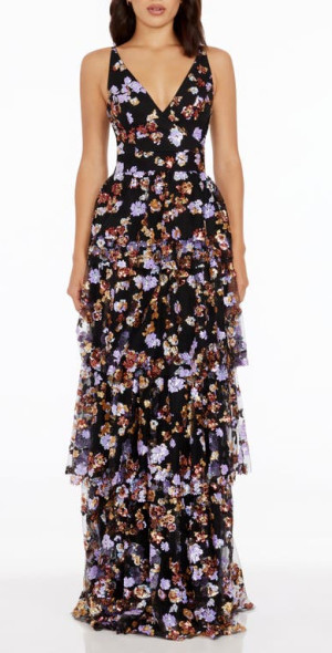 Dress the Population Lorain Sequin Tiered Ruffle Gown in Black