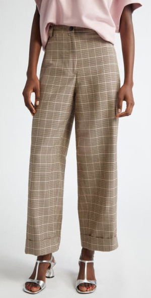 Dries Van Noten Pakora Glen Plaid Wide Leg Ankle Pants in Beige