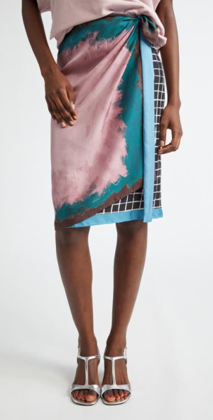 Dries Van Noten - Scarfy Mixed Print Silk Wrap Skirt in Pink/Teal