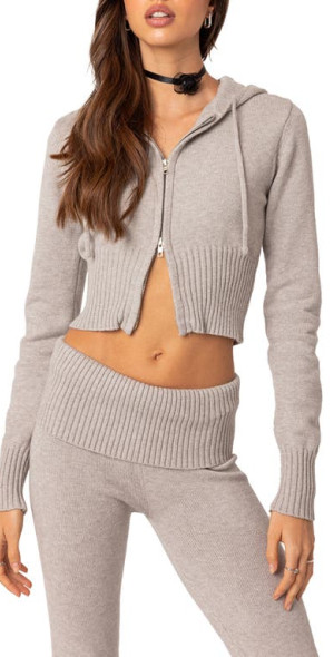 EDIKTED Desiree Crop Zip-Up Sweater Hoodie in Gray-Melange at