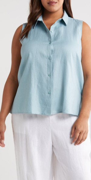 Eileen Fisher Classic Sleeveless Organic Linen Button-Up Shirt