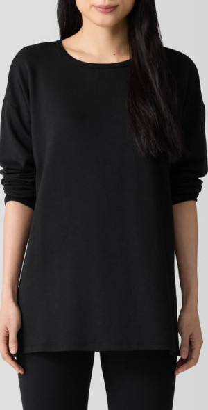 Eileen Fisher Crewneck Long Sleeve Longline Top in Black at