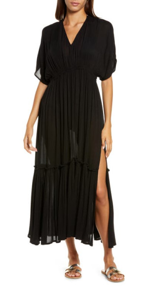 Elan Short Sleeve Cover-Up Maxi Dress in Black at Nordstrom