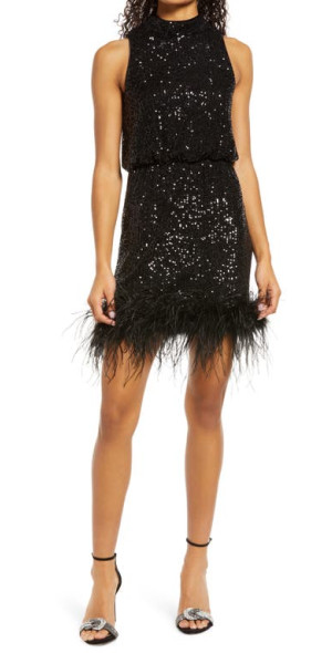 Eliza J - Feather Trim Sequin Dress in Black at Nordstrom