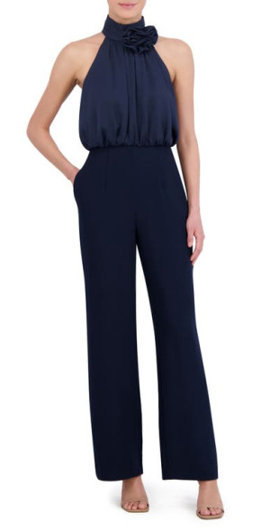 Eliza J Rosette Detail Sleeveless Jumpsuit in Navy at Nordstrom