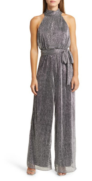 Eliza J Sequin Metallic Halter Neck Jumpsuit in Silver at Nordstrom