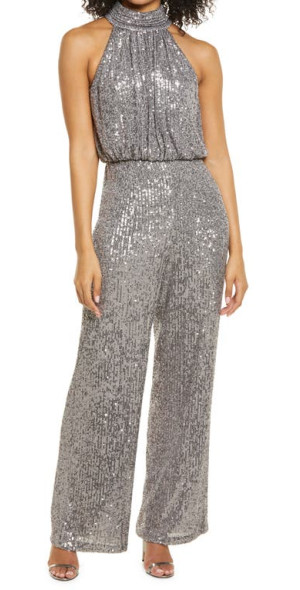 Eliza J Sequin Mock Neck Jumpsuit in Gunmetal at Nordstrom