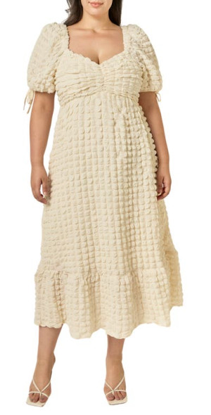 endless rose puff sleeve sweetheart textured midi dress Endless Rose Drop-Waist Sweetheart Midi Dress