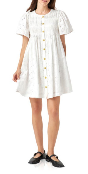 English Factory Embroidered Cotton Eyelet Button-Up Babydoll