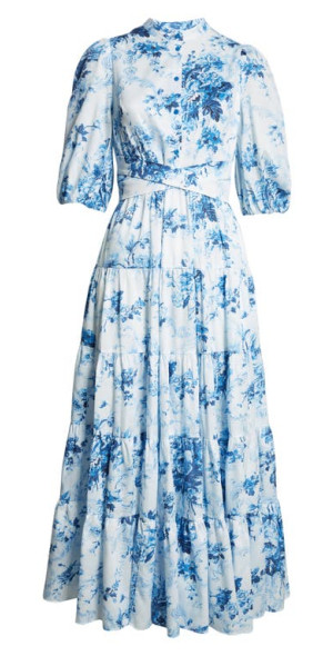 Erdem - Floral Print Tiered Dress in Antique Print Blue at Nordstrom