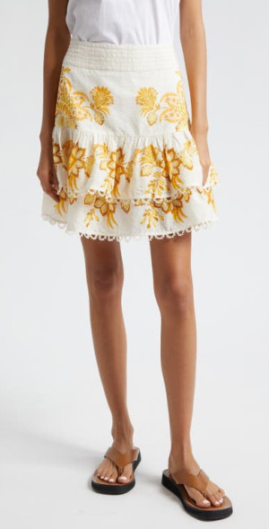 FARM Rio Aura Floral Embroidered Layered Ruffle Skirt in Aura