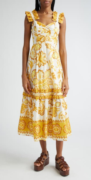 FARM Rio Aura Floral Ruffle Cotton Sundress in Aura Floral Off