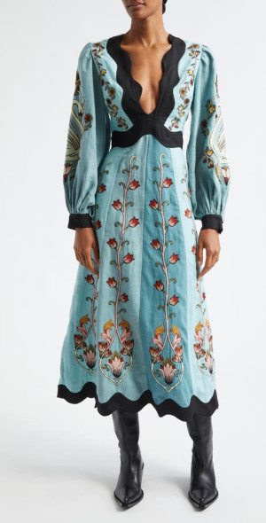 knee length dresses for ladies Blue Flowing Beauty Embroidered Long Sleeve Midi Dress – FARM Rio main image 0