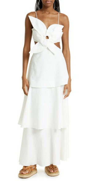 FARM Rio Flower Bodice Tiered Linen Blend Maxi Dress in Off