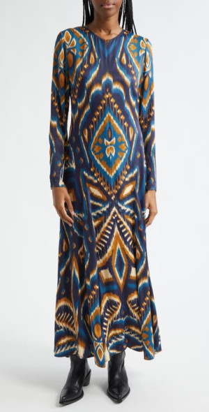 FARM Rio - Ikat Print Long Sleeve Satin Maxi Dress in Pineapple Ikat Blue  at Nordstrom, Size X-Large