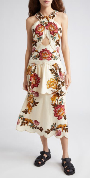 farm rio sand leopard flowers tiered halter cutout midi dress Back tie closure