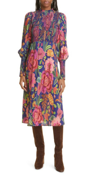 FARM Rio - Macaw Bloom Floral Smocked Mock Neck Juliet Sleeve Dress in Macaw  Bloom Navy Blu at Nordstrom