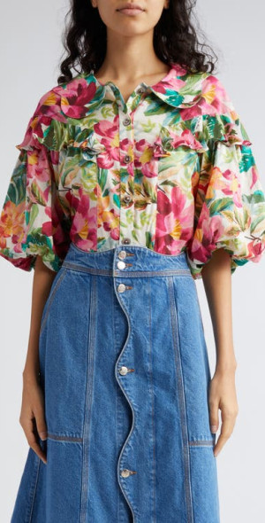 FARM Rio Painted Flowers Ruffle Puff Sleeve Cotton Button-Up