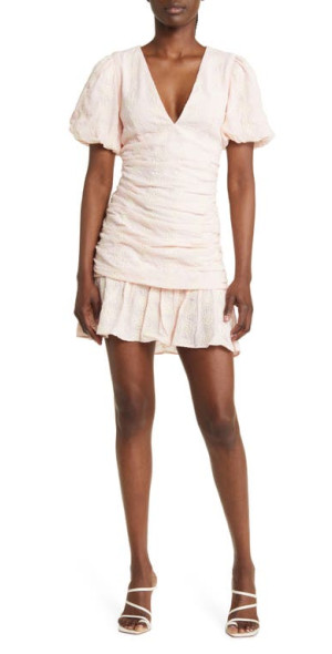 FLORET STUDIOS Gathered Front Eyelet Minidress in Soft Pink at