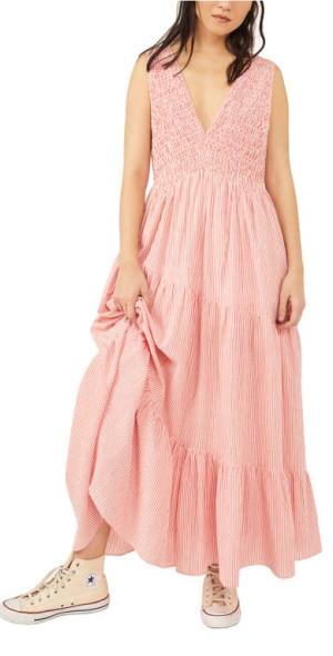 Free People Juno Sleeveless Smocked Tiered Maxi Dress in Guava