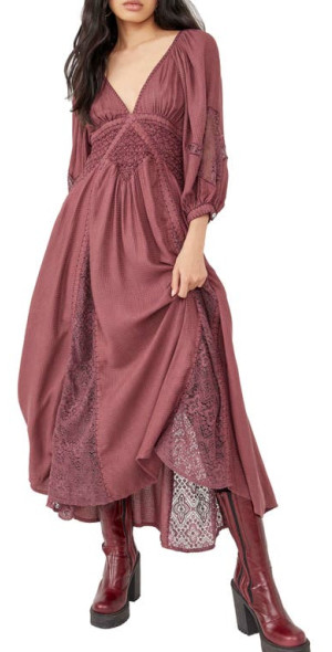 Free People Southwest Lace Long Sleeve Maxi Dress in Plum at