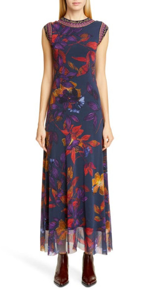 Fuzzi Embroidered Trim Floral Maxi Dress in Avio at Nordstrom