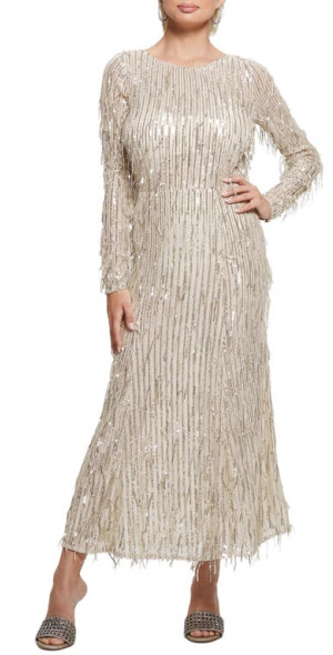GUESS - Elodie Sequin Fringe Long Sleeve Mesh Maxi Dress in Pearl Oyster  Multi at Nordstrom, Size X-Small