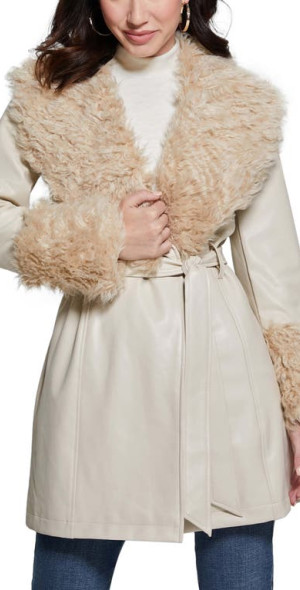 GUESS Faux Leather Faux Fur Coat in White
