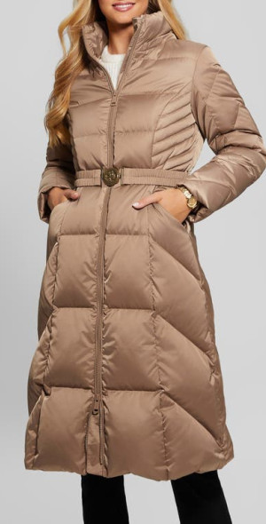 GUESS Olga Down Puffer Coat with Removable Hood in Wet Sand at