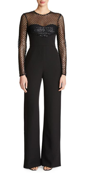 HALSTON Jac Sequin Illusion Neck Crepe Jumpsuit in Black