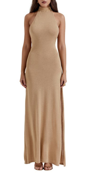 HOUSE OF CB Selia Metallic Semisheer Gown in Gold at Nordstrom