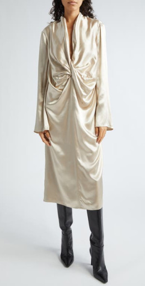 Interior - The Reese Long Sleeve Satin Midi Dress in Champagne at Nordstrom,  Size X-Small