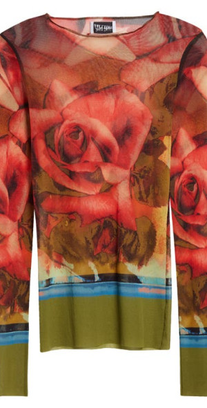 トップス Jean Paul GAULTIER homme Rose mesh top Jean Paul Gaultier - Rose Print Long Sleeve Mesh Top in Green/Red